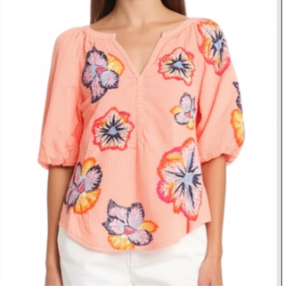 Maeve Anthropologie Peach Floral Embroidered Puff Sleeve Top Size XS - Picture 1 of 9
